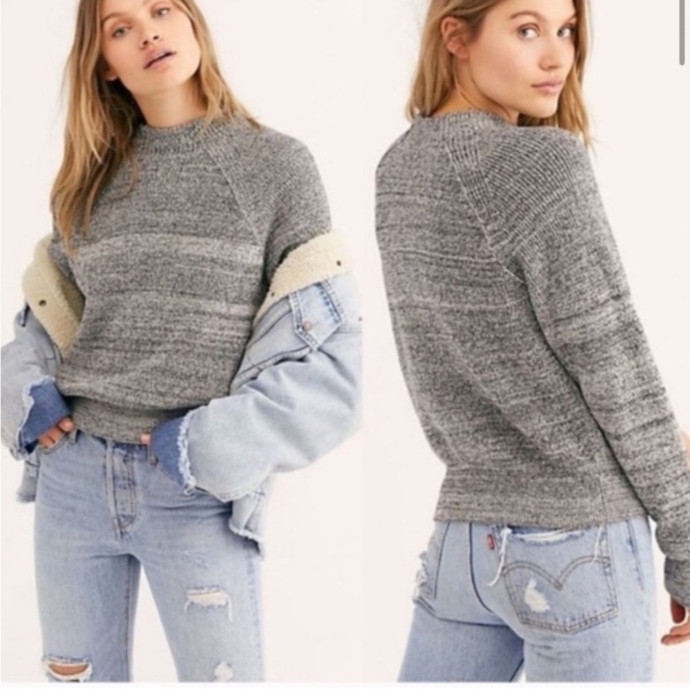 Free People Grey Crew Neck Sweater with Cropped Design